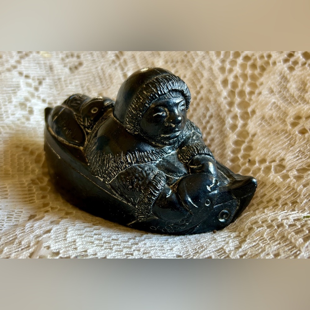Aardik Sculpture Inuit In a Kayak Fishing Made in Canada